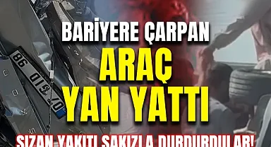 Otomobil Bariyerlerde Asılı Kaldı: Anne Ve Oğlu Kazayı Ucuz Atlattı!
